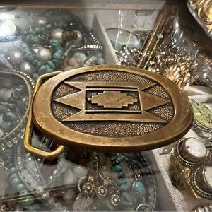 Vintage 1978 Solid Brass Belt Buckle w/ Native American Western Santa Fe Design